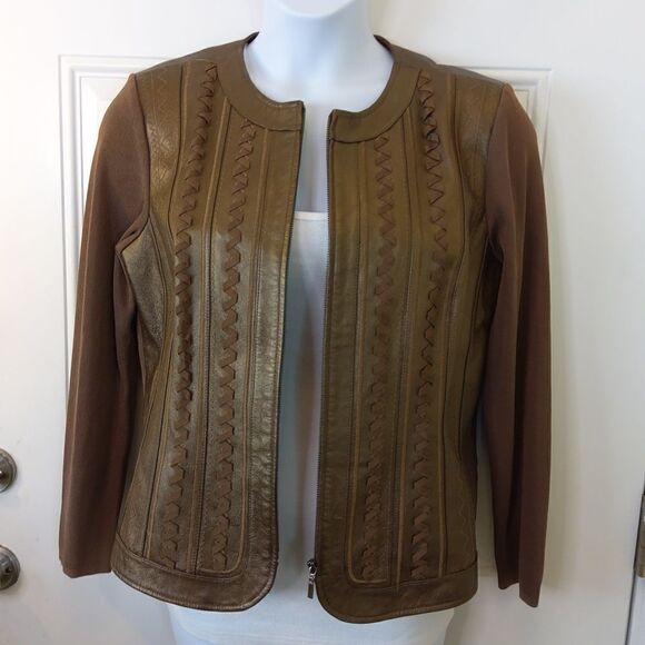 Nygard brown leather and fabric zippered front long sleeve jacket - Picture 8 of 16